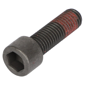 A close-up view of the AGCO Hex Socket Head Capscrew - 3016532X1, featuring a black finish and red thread locker applied to the threads. No current product description is available.