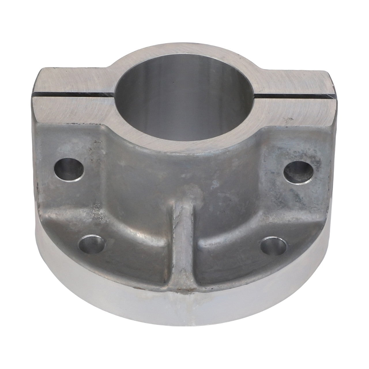 The AGCO Fan Hub - Acw3470150, manufactured by AGCO, features a machined metal flange coupling with four mounting holes and a central cylindrical opening. Additionally, it has a slot extending from the top to the central hole.