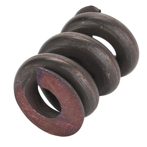 Close-up of the AGCO Spring - Acp0216550 by AGCO, showing its durable, coiled metal construction with a dark, worn surface and four visible loops, illustrating its rugged history.