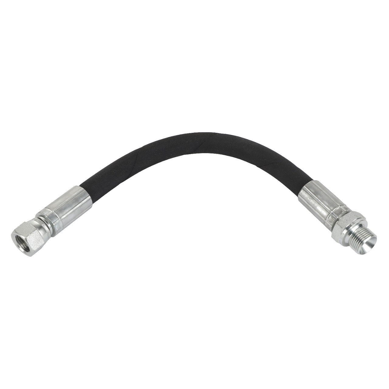 The AGCO | HOSE - ACP0426730 is a flexible black rubber hose with metallic connectors at both ends. For any product questions or to contact support, feel free to reach out to our dedicated AGCO product support team.