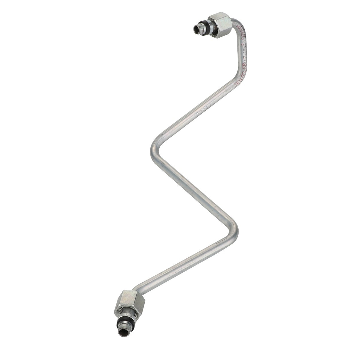 The AGCO Pipe - Acx2852150 is a silver, zigzag-shaped metal tube equipped with threaded connectors on both ends, ensuring seamless integration for various applications.