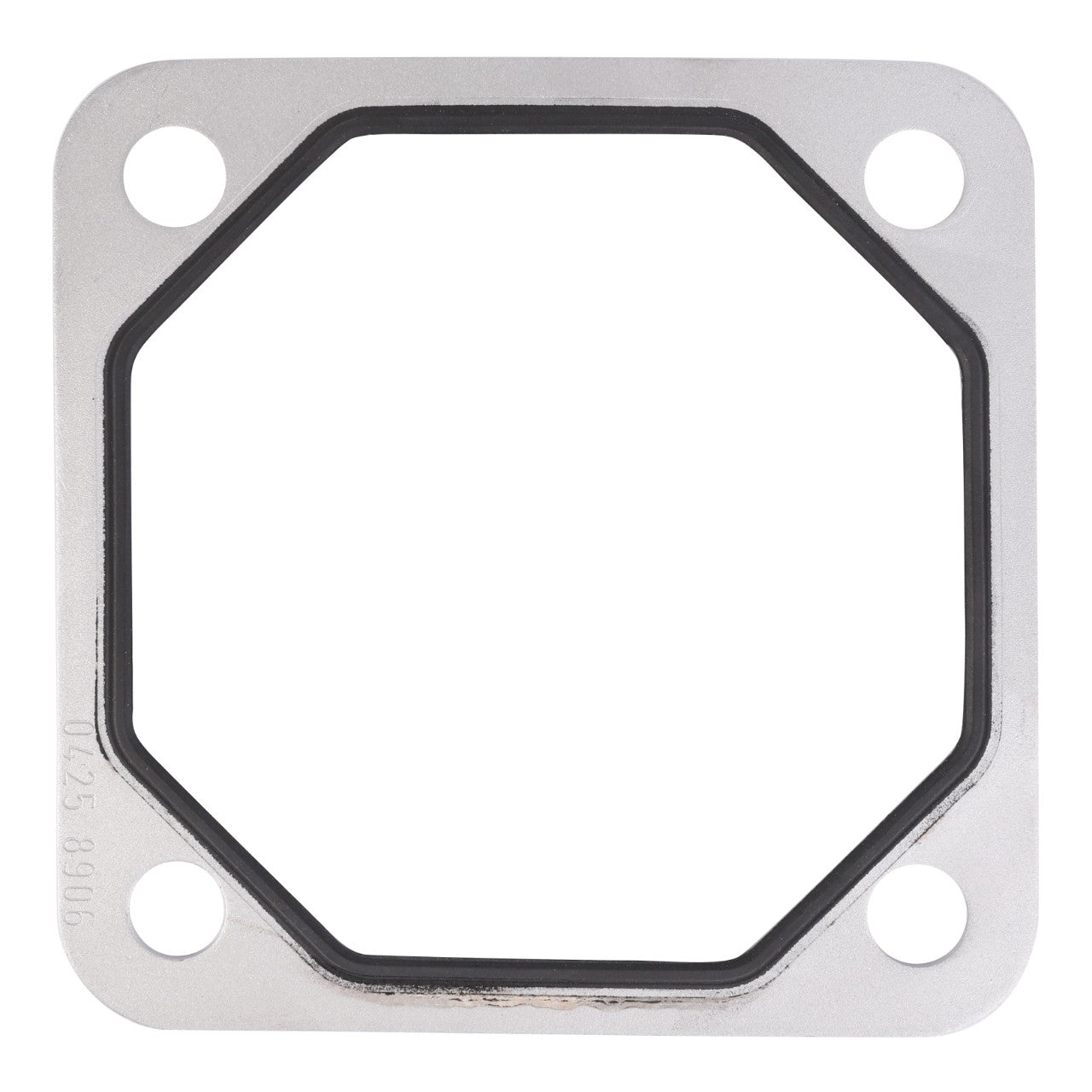 The AGCO Seal, Heat Flange - F718202180020 is a metal gasket with a square shape, rounded corners, and four bolt holes. It features a black rubber sealing ring in the center and is ideal for Fendt models. This genuine AGCO seal ensures a secure fit and reliable performance.