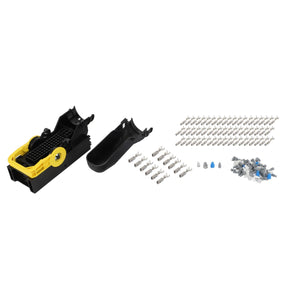 No current product description available, but the AGCO Disconnection Point Kit With Connector Pins (F339900950010) features various screws, wall plugs, and cable clips neatly arranged beside it in black and yellow.