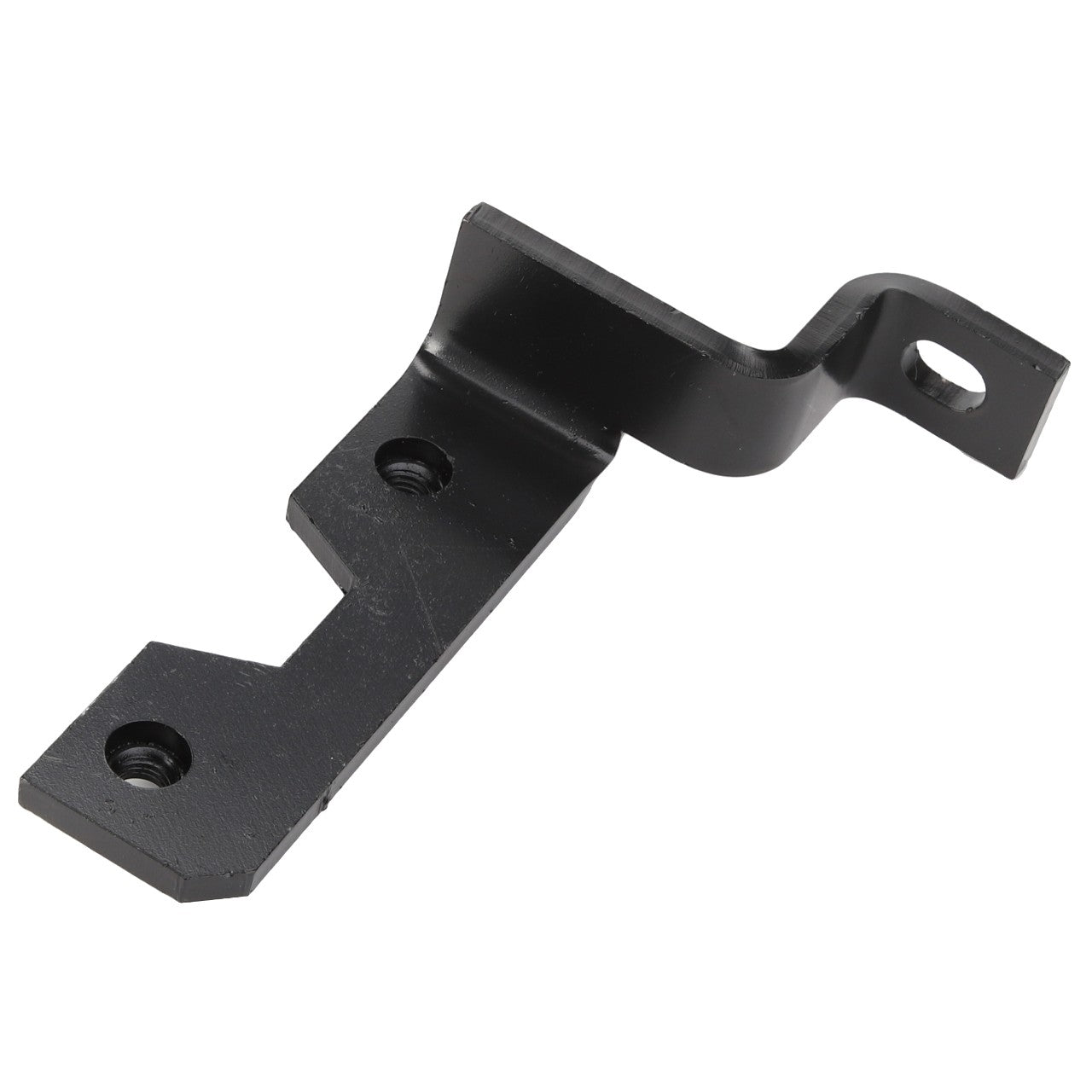 There is no detailed product description currently available, but the AGCO Bracket - Acw2848770 from AGCO is a black metal bracket designed with two screw holes on one end and a single hole positioned on the opposite bent end.