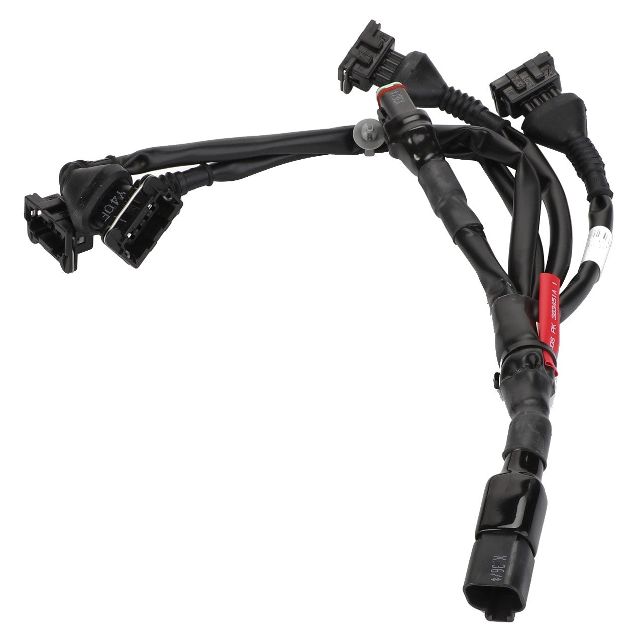 The AGCO | Wiring Harness - Acw383451A by AGCO, featuring multiple black connectors and cables along with a red segment, is displayed prominently against a clean white background.