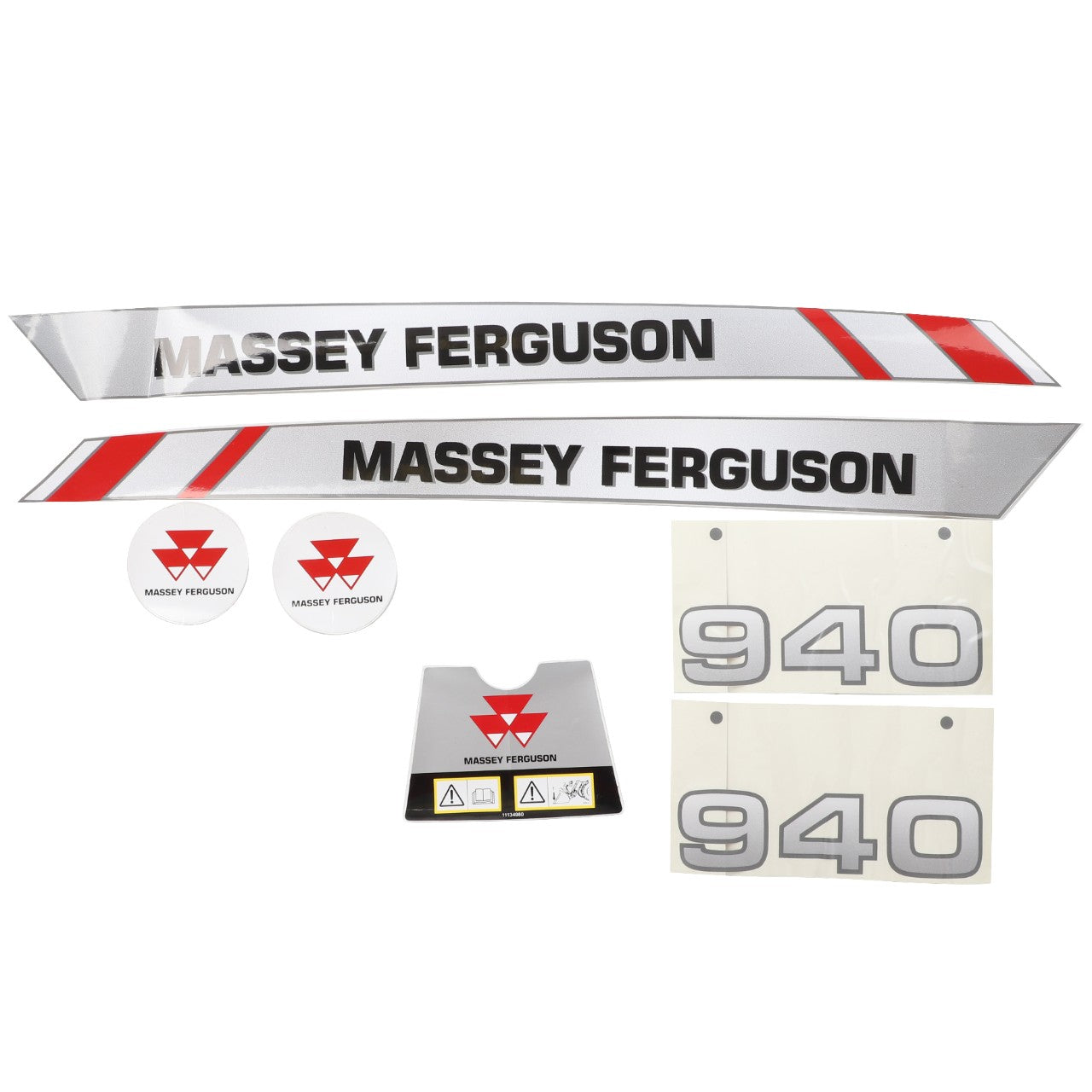 AGCO's Decal Kit for the MF 940 Front Loader (AL11133955) includes factory-engineered stickers: two long decals featuring "Massey Ferguson" text, two round logo stickers, a small logo plate, and numeral stickers reading "940." Ideal for agricultural machinery and compatible with AGCO Parts decals.