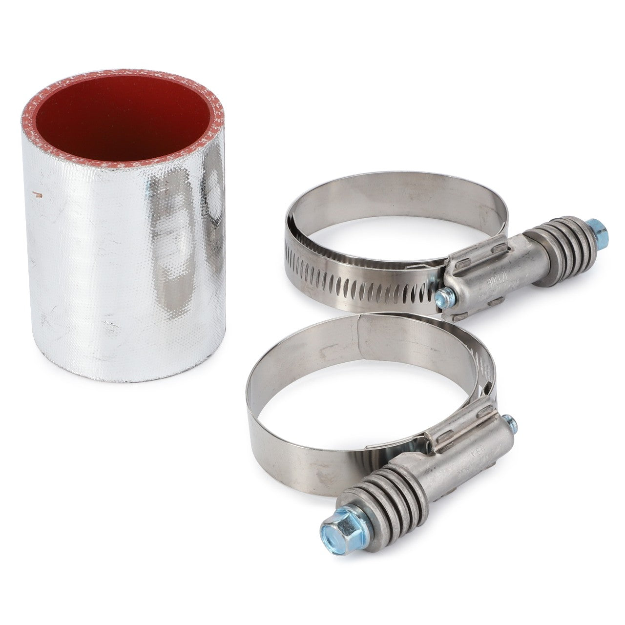 A silver heat shield tape roll and two stainless steel hose clamps with bolts from AGCO, suitable for Massey Ferguson Models (Product Name: AGCO | Hose - 4224519M1), displayed on a white background.