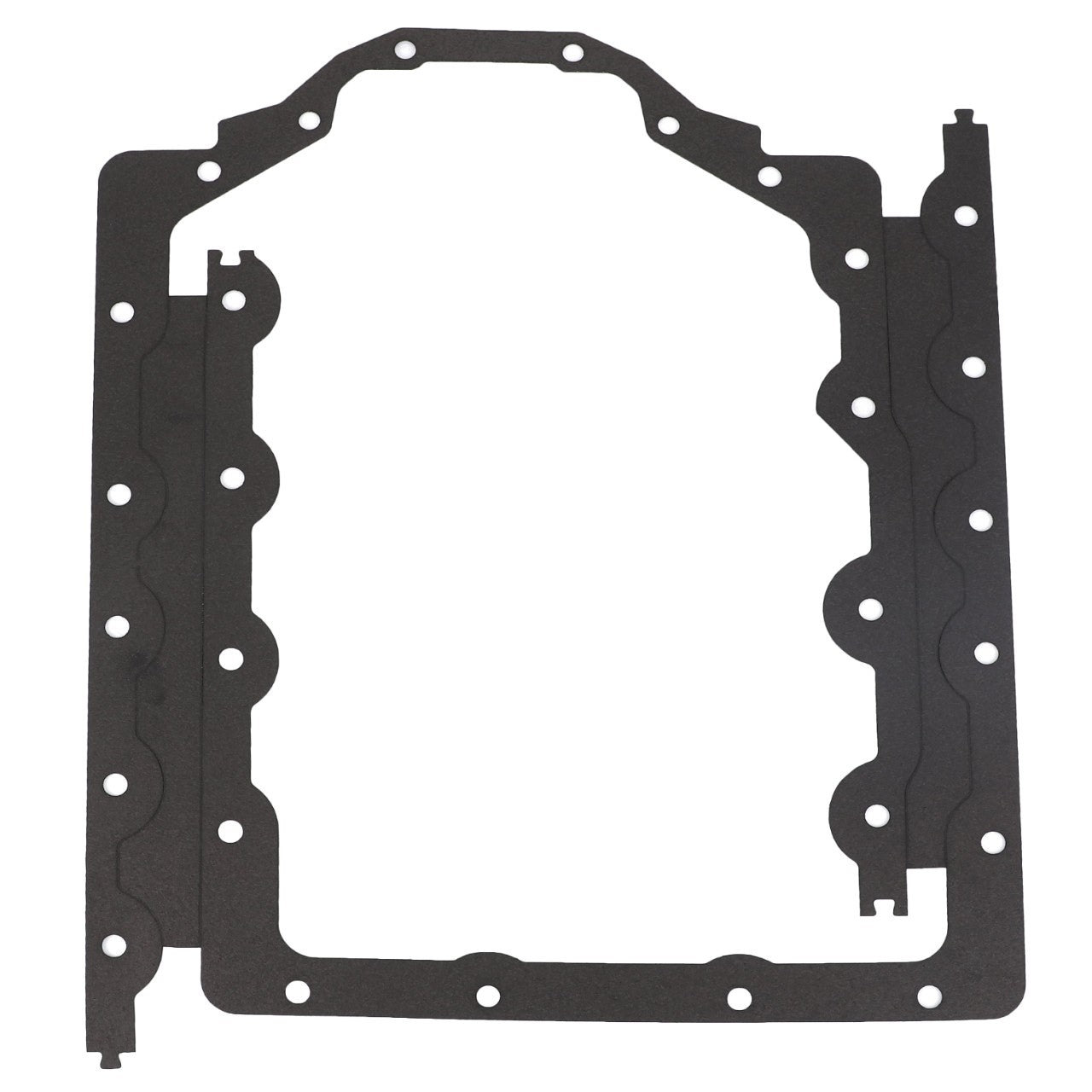 A black, flat, intricately-shaped gasket with multiple holes designed for fitting, commonly used in Massey Ferguson models and other mechanical assemblies, known as AGCO | Joint - 3638562M1 by the brand AGCO.