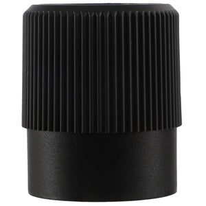 The AGCO | KNOB - 0.010.4410.0 features a black ribbed plastic cap with a smooth bottom section, making it ideal for sealing containers such as bottles or tubes. For ordering assistance or additional product information, please contact our team.