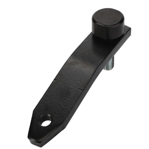 The AGCO Stopper - Acw4336050 by AGCO is a black metal lever featuring a rounded knob at one end and an attachment hole at the other, ensuring sturdy functionality. No current product description information is available.