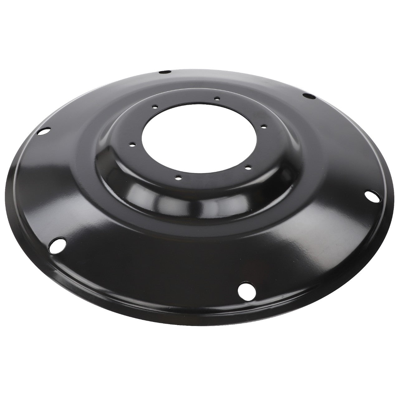 The AGCO Rotation Rotor Disc - Fel140673 is a circular, black metal plate featuring a central hole and several evenly spaced smaller holes around the perimeter; currently, no further product description is available.