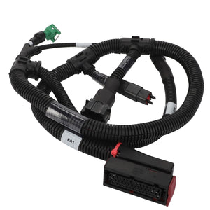 A coiled automotive wiring harness, AGCO Harness - 4282741M1, with multiple connectors including a large rectangular black plug and smaller green and black plugs, wrapped in corrugated tubing, compatible with various Massey Ferguson models.