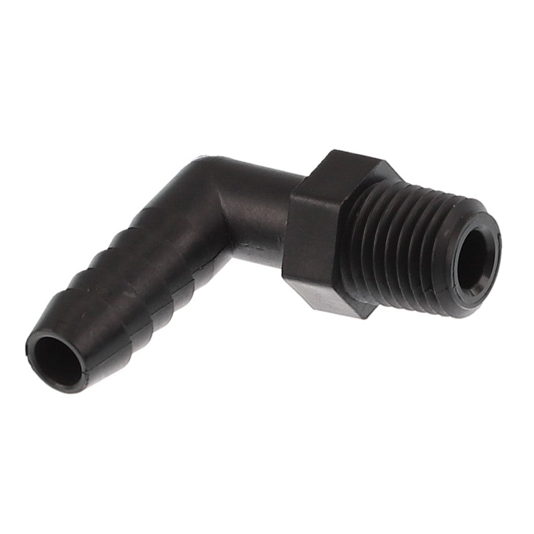 Introducing the AGCO HOSE - AG518264, a black plastic right-angle hose barb connector featuring a ribbed hose end and threaded end.