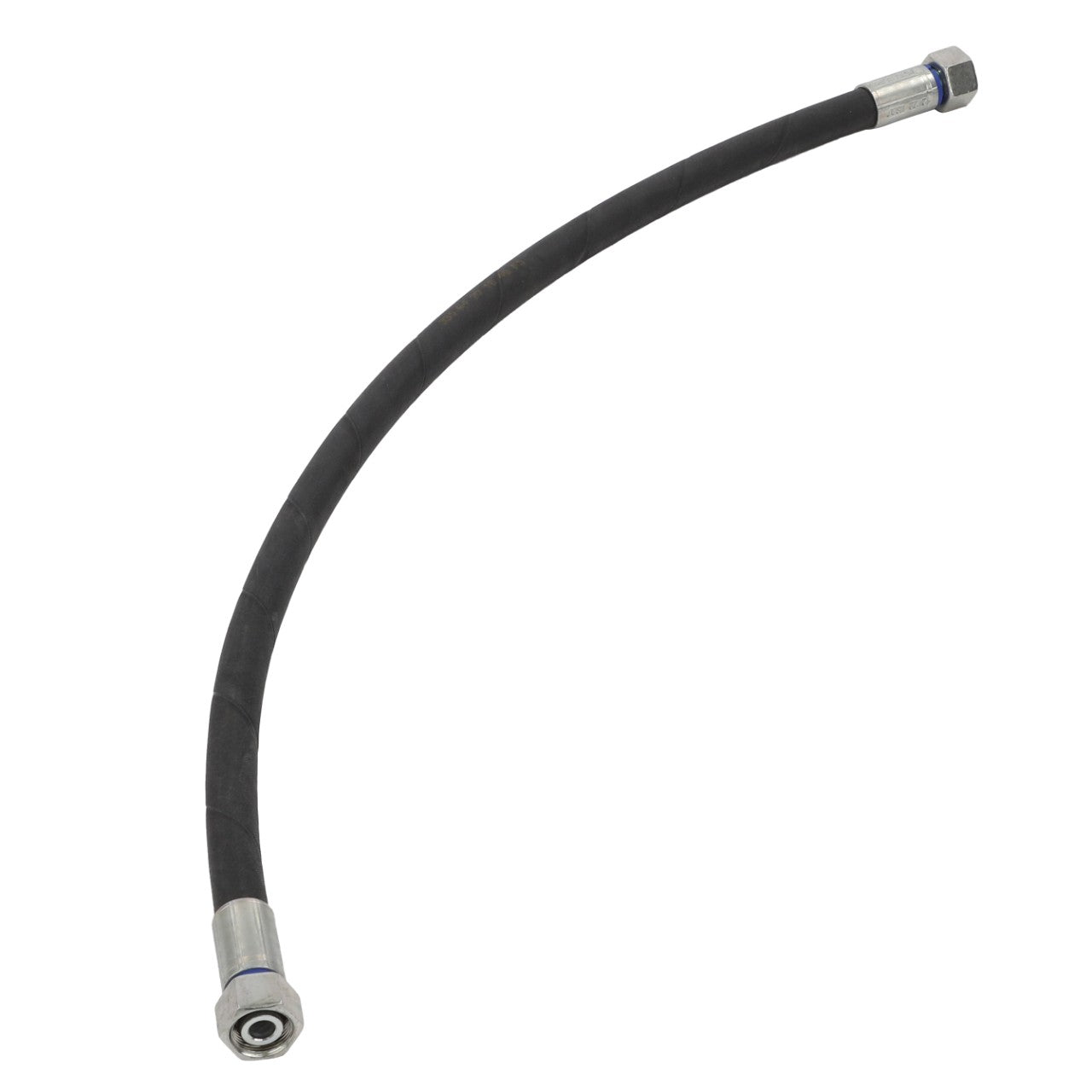 The AGCO Hydraulic Hose - Acw3355140 is a flexible black rubber hose with metallic connectors on both ends, slightly curved in an arc and boasting AGCO's abrasion-resistant coverings for durability in extreme temperatures.