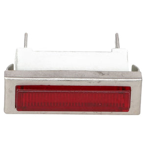 Introducing the AGCO Indicator - 8020703: A rectangular red indicator light framed with silver metal, featuring two metal prongs extending from the back. No current product description is available for this item.