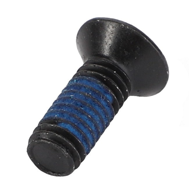 Product Description: The AGCO ACX2876540, a black, flat-headed metal screw with a blue threading segment, is prominently displayed against a white background.