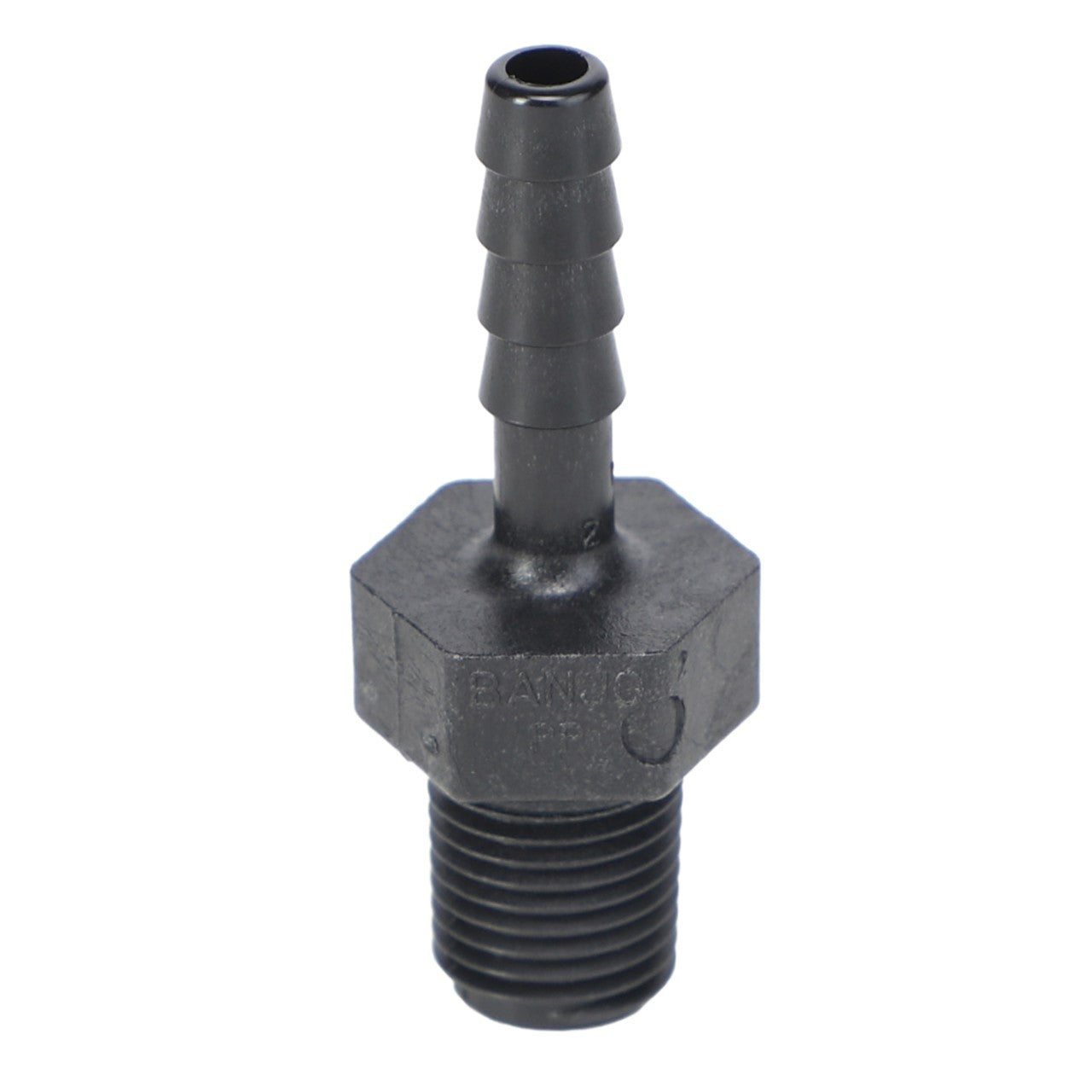 Presenting the AGCO | Hose Barb - Ag000766: A sleek, black plastic fitting from AGCO featuring a barbed design with a hexagonal base and a threaded bottom for secure connections.