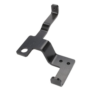 The AGCO Bracket - Acw2443230 is a black metal mounting bracket designed with multiple bends, featuring a large circular hole on one end and a rectangular notch on the other. Currently, there is no additional product description information available from AGCO.