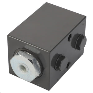 The AGCO Block - La322016900 is a black hydraulic valve block that includes three ports: one notable silver hexagonal port and two smaller black circular ports.