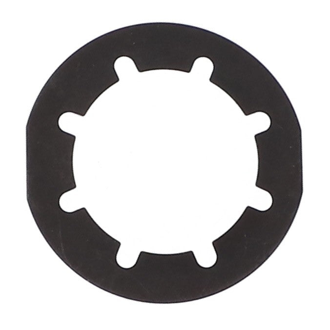 A AGCO RETAINING RING - AG727004 is a round, flat black washer with six evenly spaced internal tabs encircling its central hole.