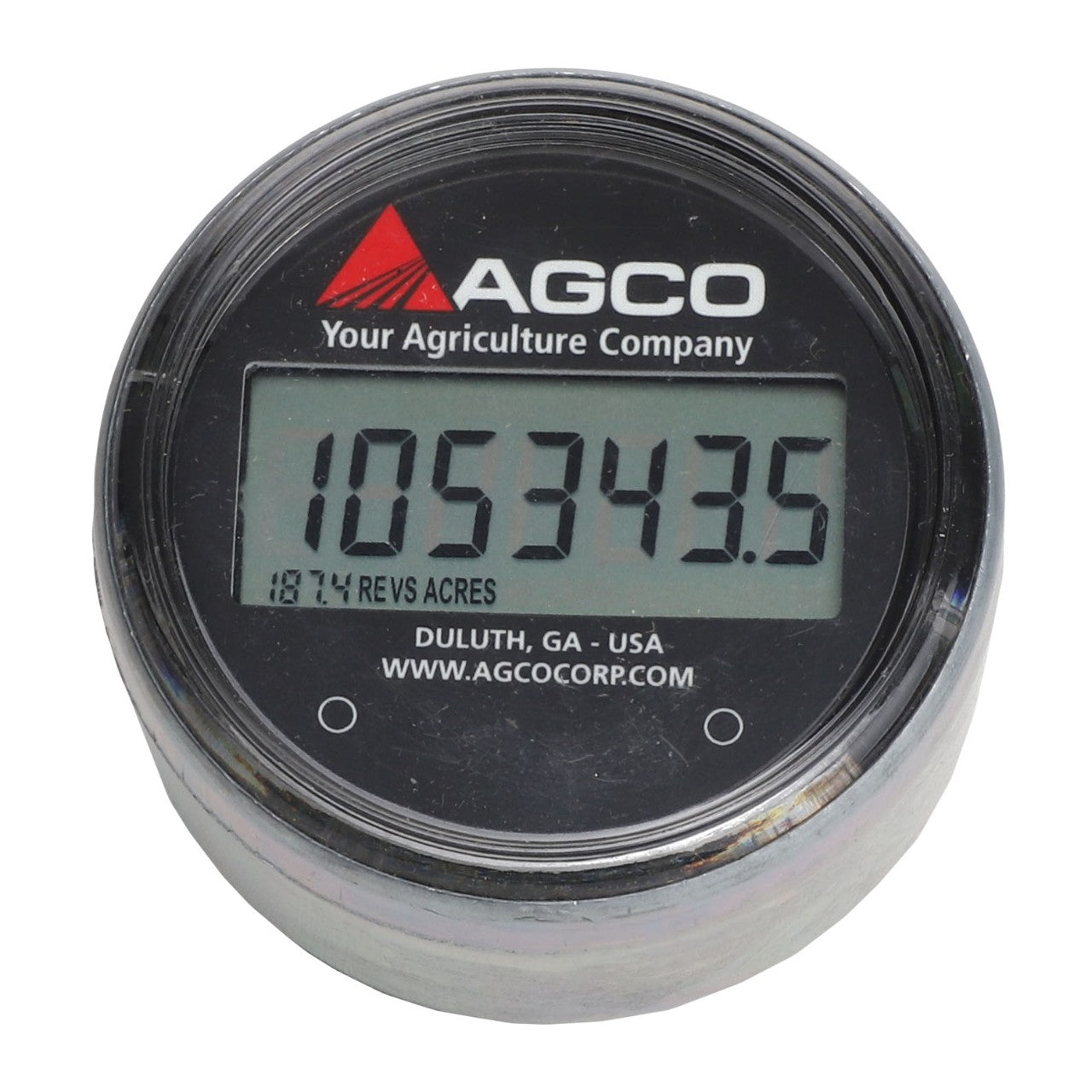 Digital display meter for AGCO | Acre Meter - Sn18833 showing "105343.5" with "AGCO Your Agriculture Company" branding, located in "DULUTH, GA - USA," and the website "www.agcocorp.com." No product description available.