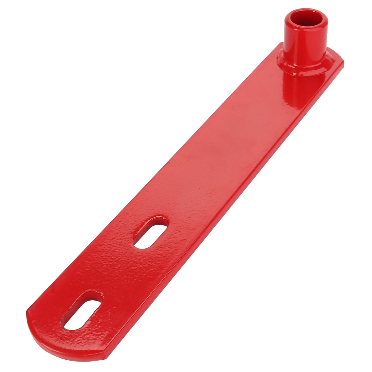 The AGCO Lever - Fel150127 is a red, elongated metal tool featuring a cylindrical end and two oval-shaped holes.