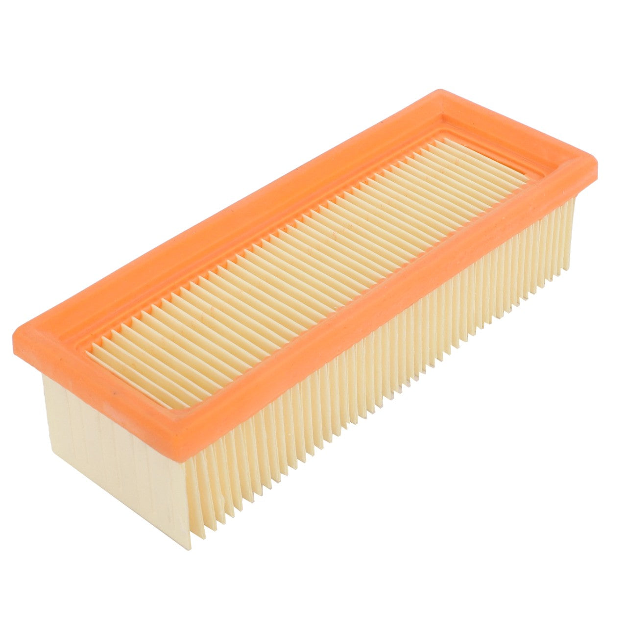 The AGCO | Cab Filter Cartridge - Acp0403850, a rectangular cabin filter with an orange frame and densely packed white pleats, ensures optimal airflow while trapping contaminants.