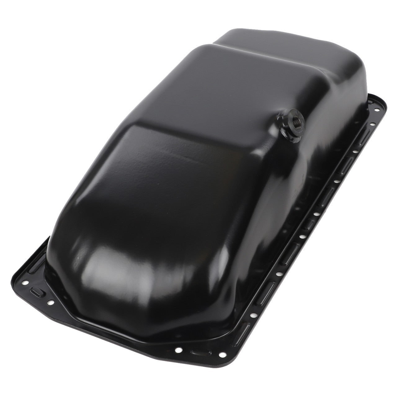 The AGCO Oil Sump - V836128794 is a sleek black, rectangular oil pan designed for vehicles. It features a convenient drain plug on one side and multiple mounting holes along the perimeter for secure installation.