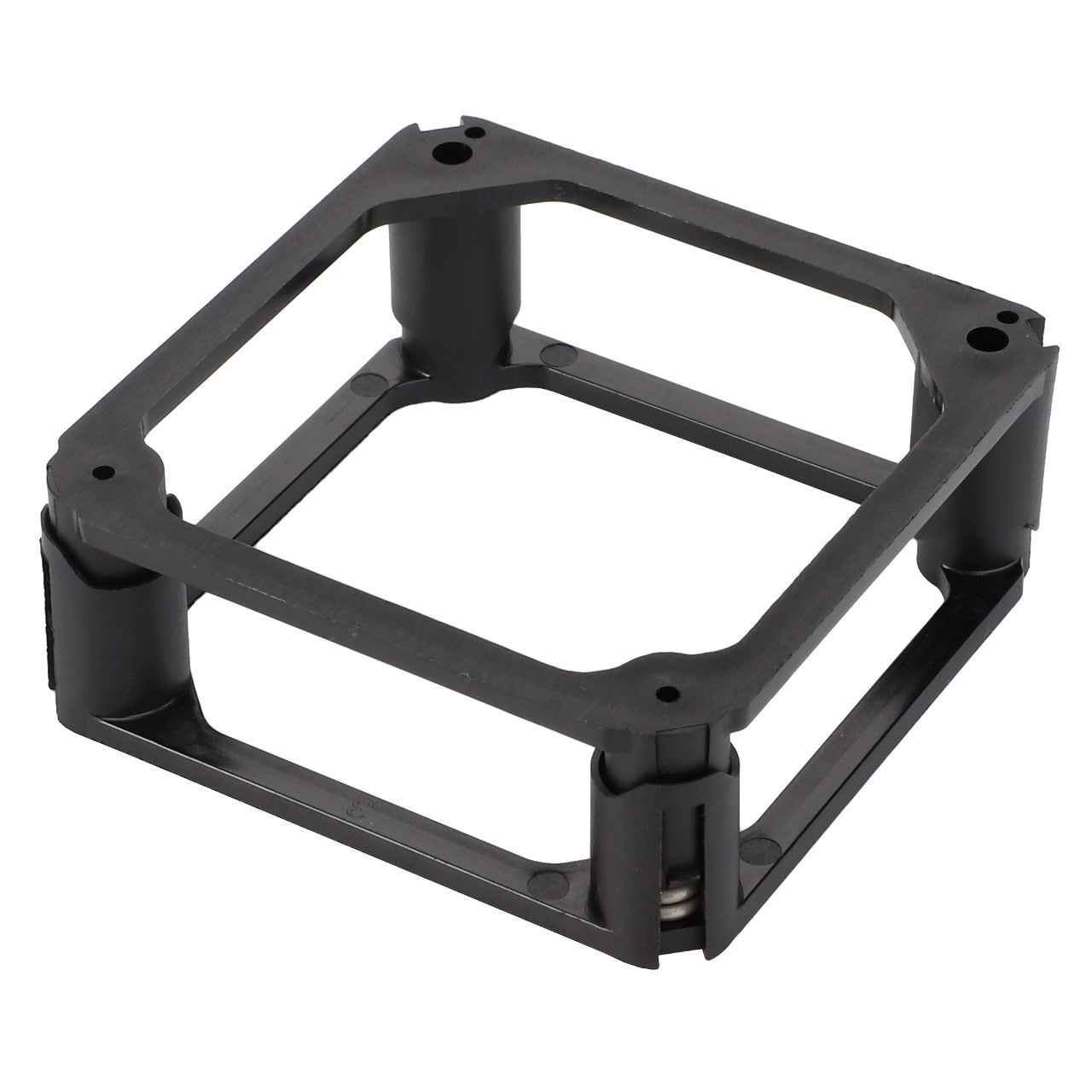 A durable black square plastic mounting bracket, identified as the "AGCO | SPRING PLATE - F916200060070," featuring four corner supports and an open center.