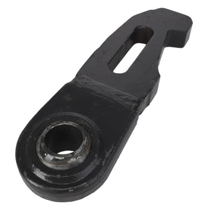 A black metal actuator lever, identified as AGCO | Ball End, Left Hand, Lower Link - F716872060020, features a circular hole at one end and a rectangular slot in the middle, designed for compatibility with hitch and linkage components.