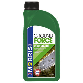 A green 1-liter bottle of AGCO Oil - VACC3230. The label features a close-up image of a chainsaw and text highlighting anti-sling and protection for chains. Perfect for various equipment, including Fits Fendt Models, Fits Valtra Models, and Fits Massey Ferguson models.