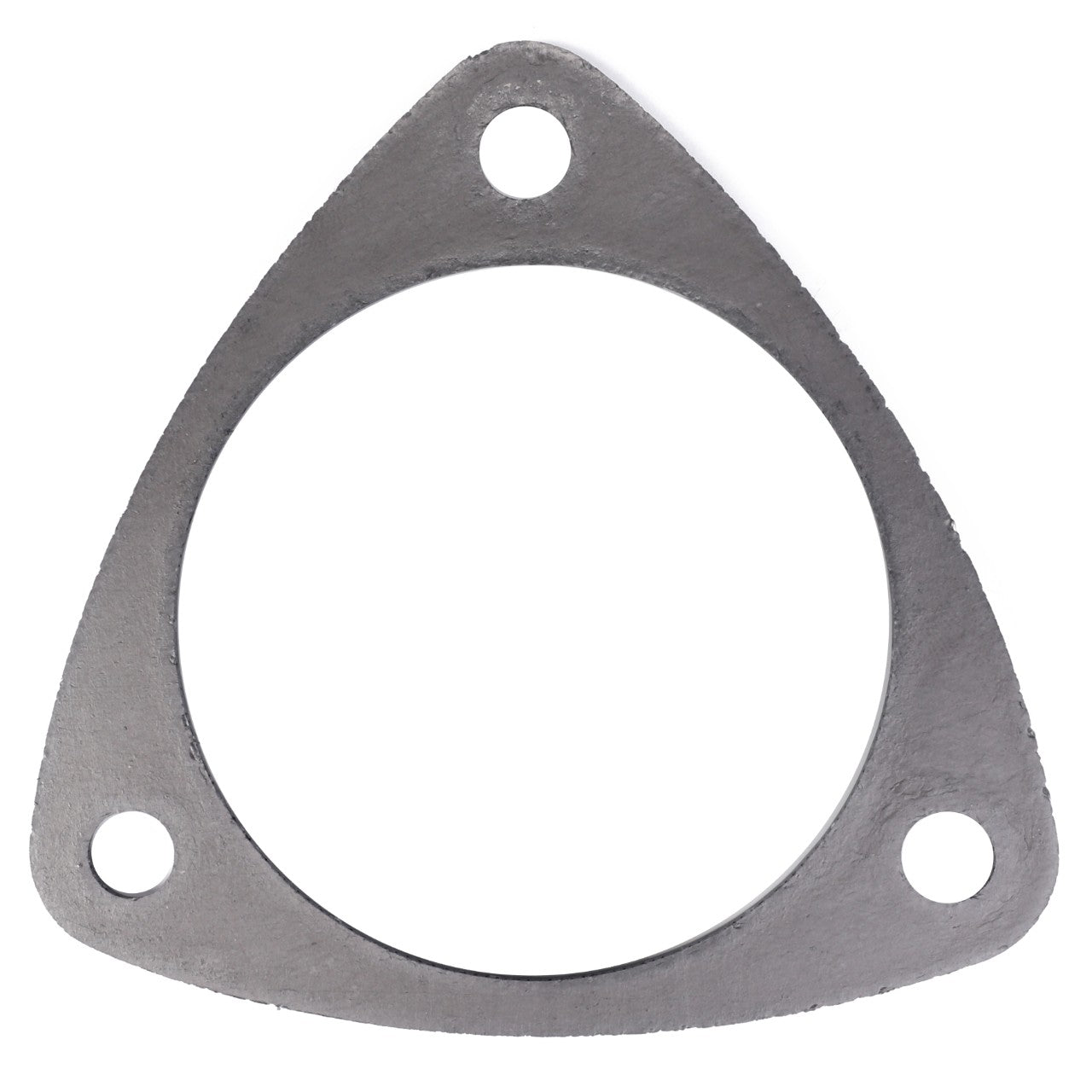 A metal triangular gasket, the AGCO Molded Seal Exhaust Gasket - 311200100020, features three holes in each corner and a large central circular opening, and is compatible with Massey Ferguson Models.