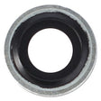 Close-up of a circular, black rubber seal with a silver outer rim, viewed from above, reminiscent of the precision found in AGCO machinery. Product Name: Seal Washer, Valve Rocker Cover - V836667508 by AGCO.