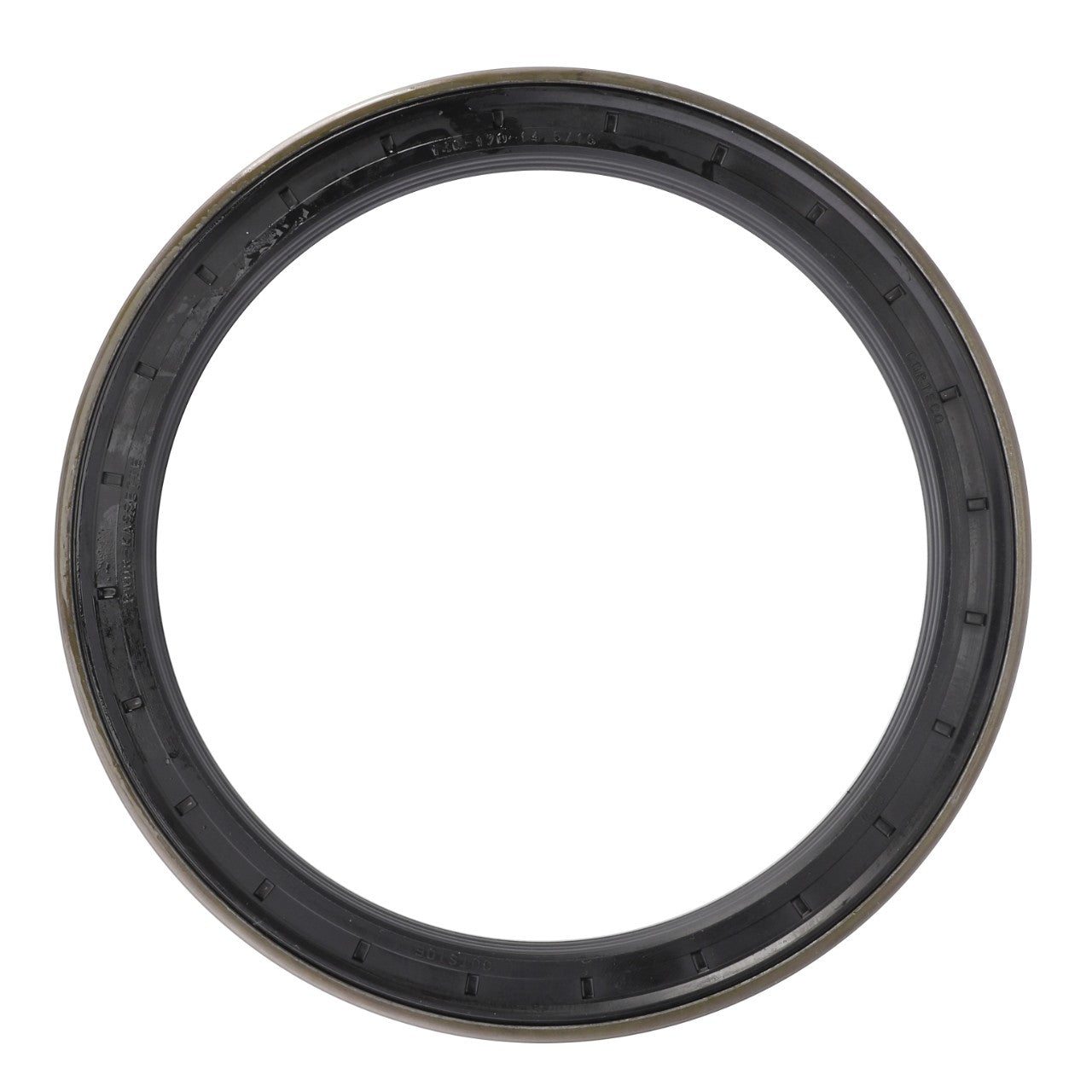 A circular, black rubber seal with a metallic outer rim viewed from above, suitable for Fendt and Massey Ferguson models' final drive gasket applications: AGCO | Gasket, Final Drive - Vkh3632.