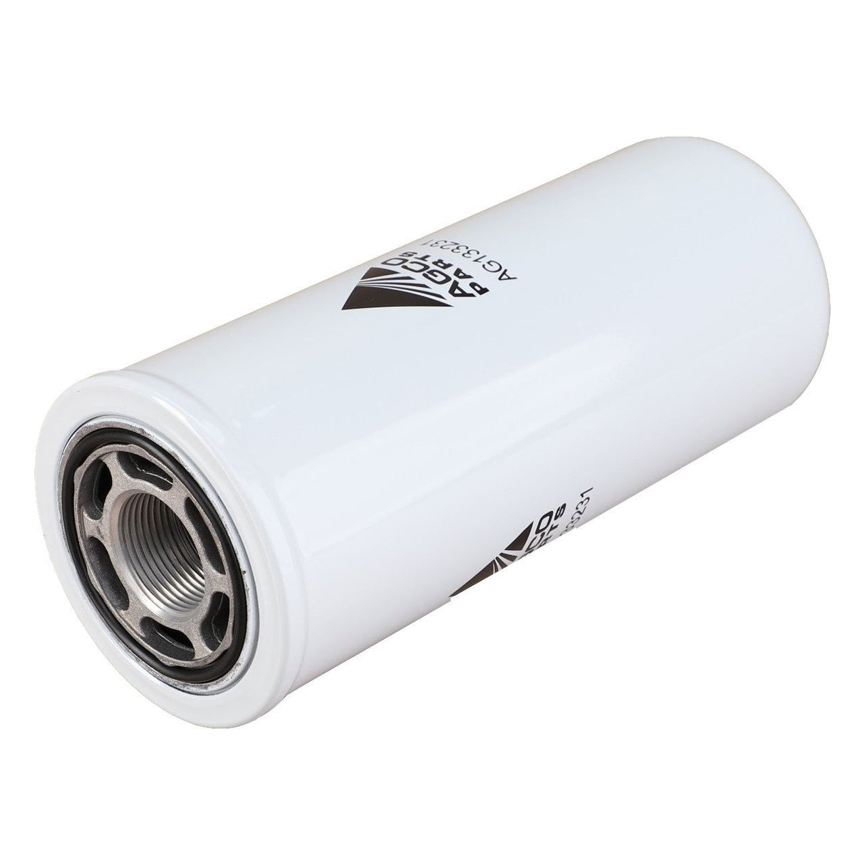 A white cylindrical hydraulic filter with metal threading and holes on the interior end, marked with AGCO Genuine printed logos and text for a reliable spin-on application, Product Name: Hydraulic Filter Spin On - AG133231 by AGCO.