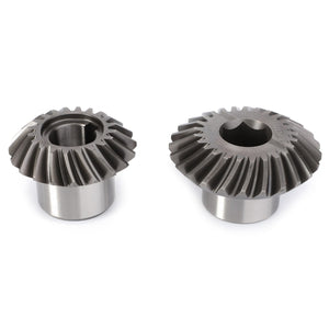 Two metal bevel gears of different sizes are placed side by side on a white background, showcasing the consistent quality and durability of the AGCO | Bevel Gear Kit - Fel140519 from the AGCO brand.