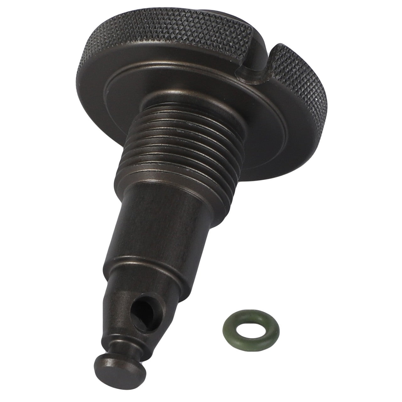 The AGCO Drain Plug - F530200710470, a black cylindrical mechanical component featuring a threaded body and a knurled top, is positioned near a small green O-ring, although no further product description details are available.