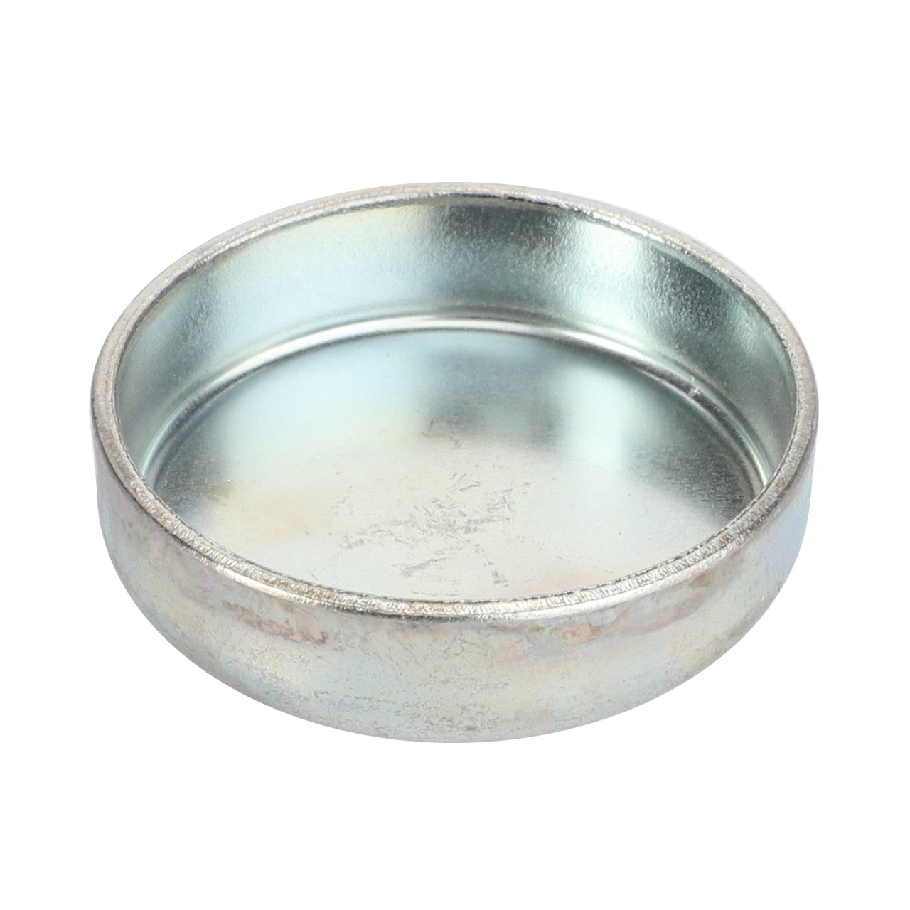 A round, shallow, silver metallic dish with a reflective surface and smooth edges, reminiscent of the sleek design seen in AGCO's Cup Plug - 3011306X1.