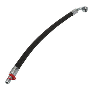 The AGCO Hydraulic Hose - Acx2841810, a flexible black hose with metal connectors on both ends—one straight and one slightly bent—showcases high performance and abrasion-resistant capabilities against a plain white background.