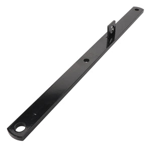 The AGCO | STAY - AL246759 by AGCO is a black metal bar featuring two circular holes at each end and a small perpendicular bracket with a central hole near one end. Specific use information is not provided.