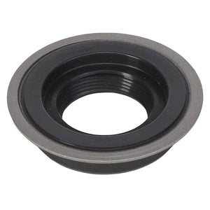 Close-up of an AGCO black rubber grommet (Product Code: 3640765M1) featuring a threaded inner surface and a flat, circular outer flange, perfect for tractor models such as Fendt and Massey Ferguson.