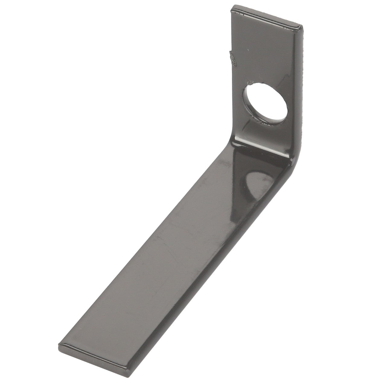 The AGCO Bracket - Acp0432680 is a black, L-shaped metal bracket featuring a round hole near the top. Currently, there is no additional product description available.