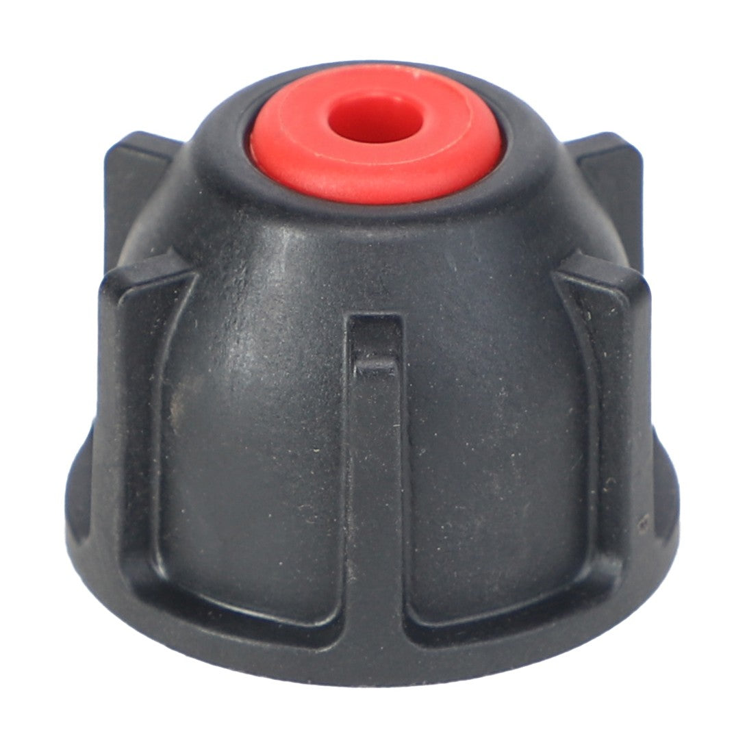 Close-up of the AGCO | CAP - AG427072, a black plastic knob with a red center hole, featuring vertical ridges around its sides, compatible with Pentair Hypro systems.