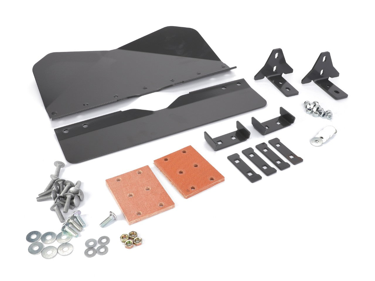 An AGCO Grain Tank Filling Auger Cover (model Acw5794340) is laid out on a white background along with an assortment of metal brackets, screws, washers, bolts, and orange rectangular pads. No relevant information is available regarding additional accessories.