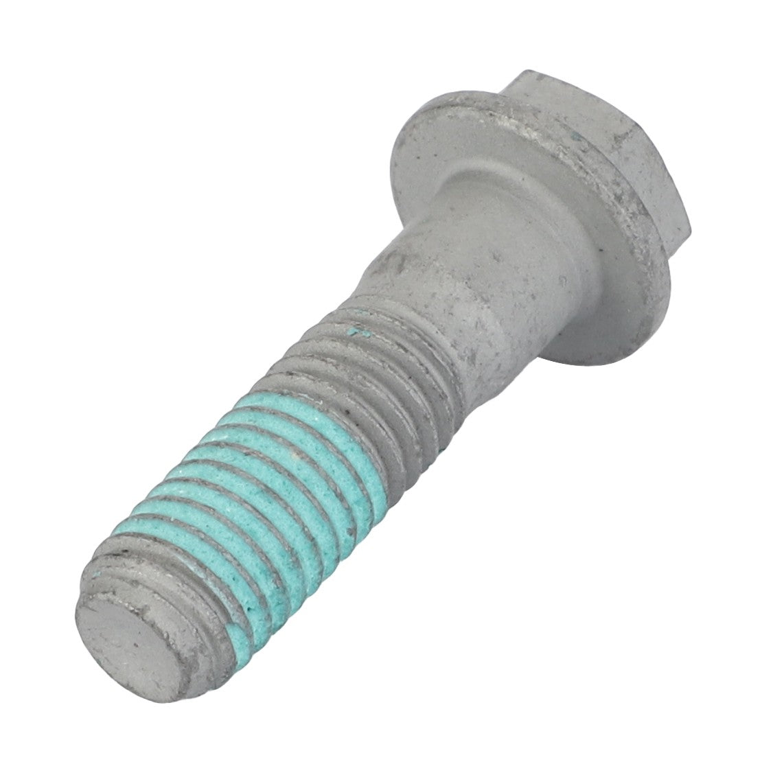 Close-up of the AGCO Bolt - Acw5325950, a gray metal bolt featuring a hexagonal head and blue threadlocker applied to its threads.