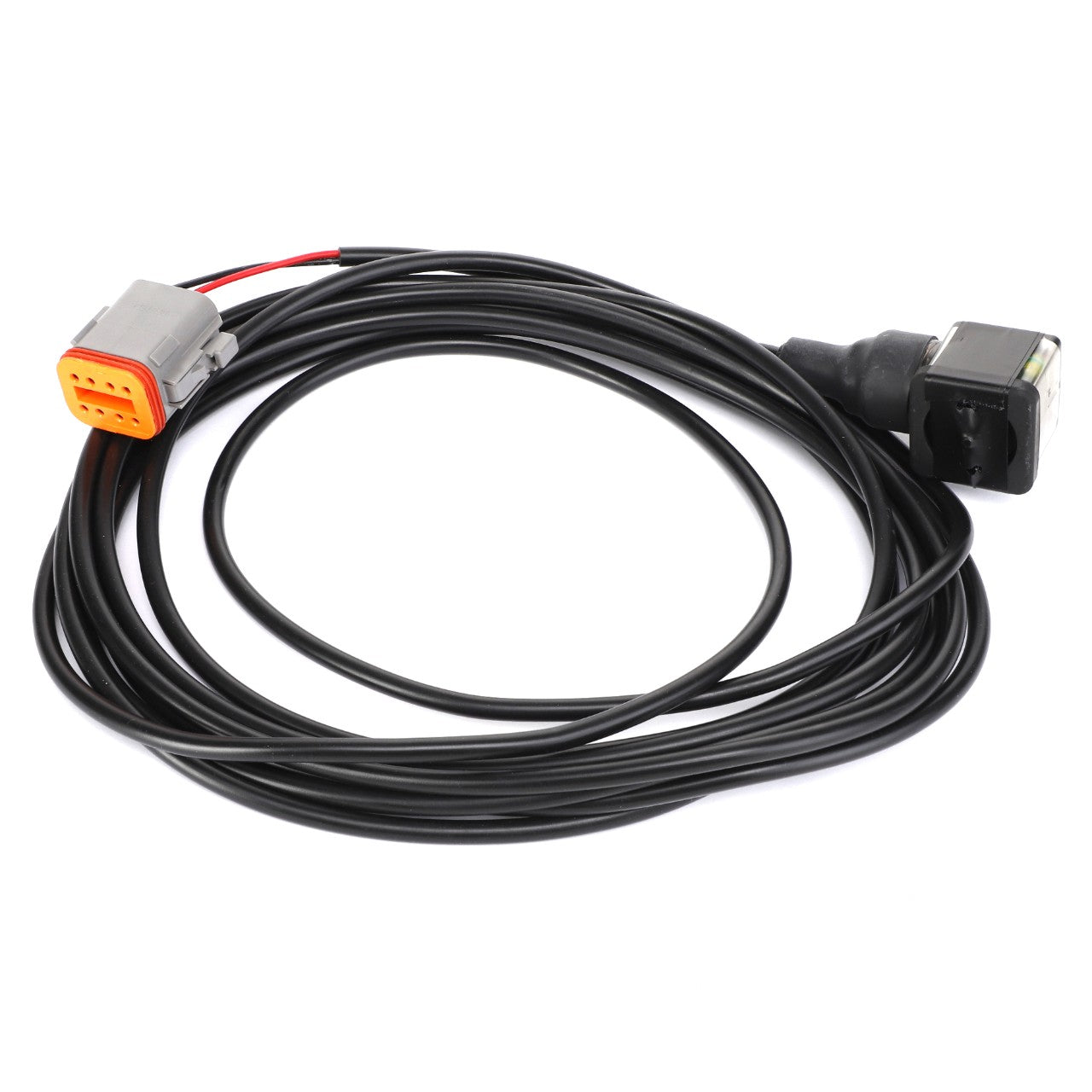 The AGCO | HARNESS - AL5102206 is a coiled black electrical cable with a gray and orange connector on one end and a black rectangular connector on the other. Currently, no product description information is available.