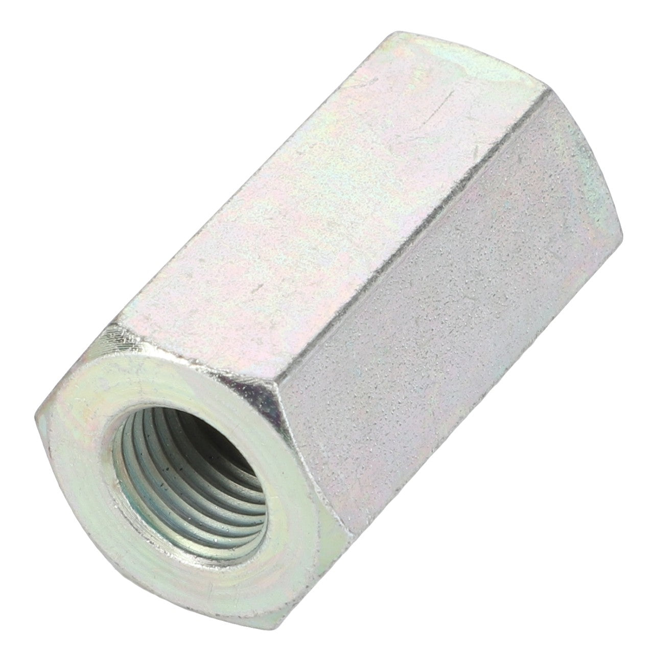 The AGCO Adapter - Acw9565730 is a silver hexagonal coupling nut with internal threading. No additional product description information is available at this time.