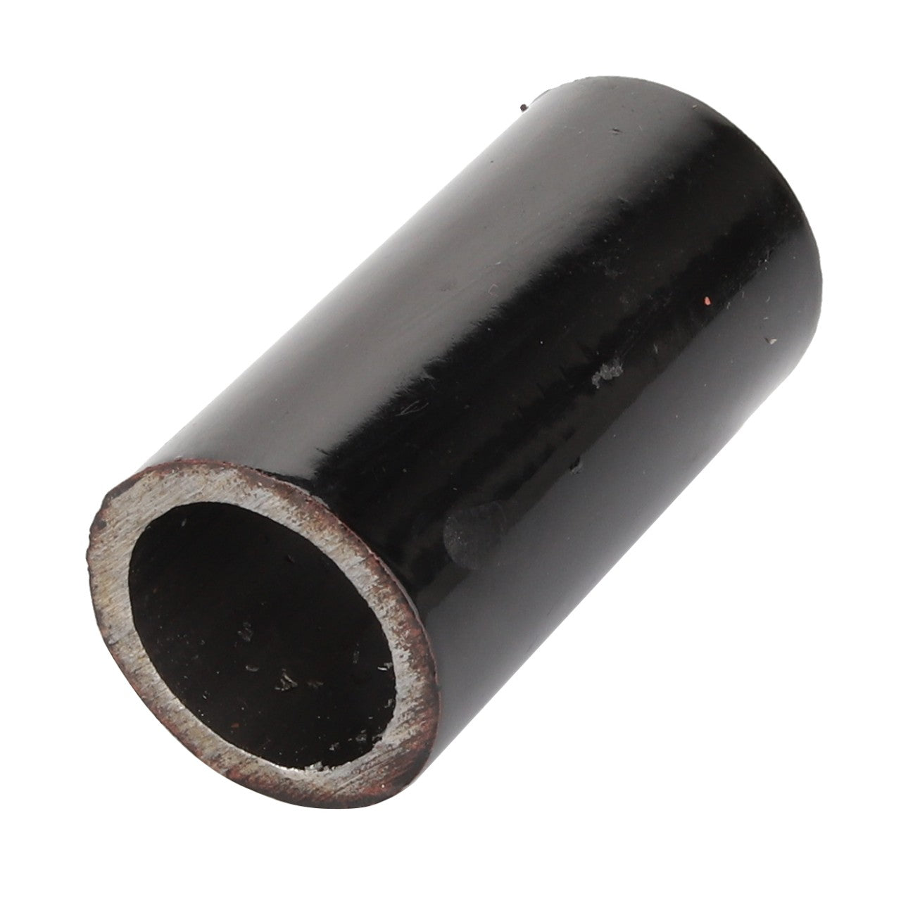 The AGCO Bush - Sn3364 is a black cylindrical metal pipe connector with a hollow interior and a slightly rough exterior surface, but it lacks relevant SEO keywords.