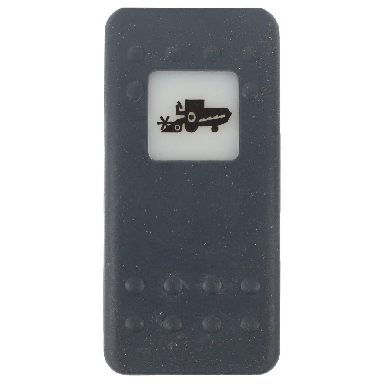 The AGCO SWITCH - D45050031 by AGCO is a black rubber button featuring raised dots and a white rectangle in the center, displaying an icon of a combine harvester in black. No current product description information is available.