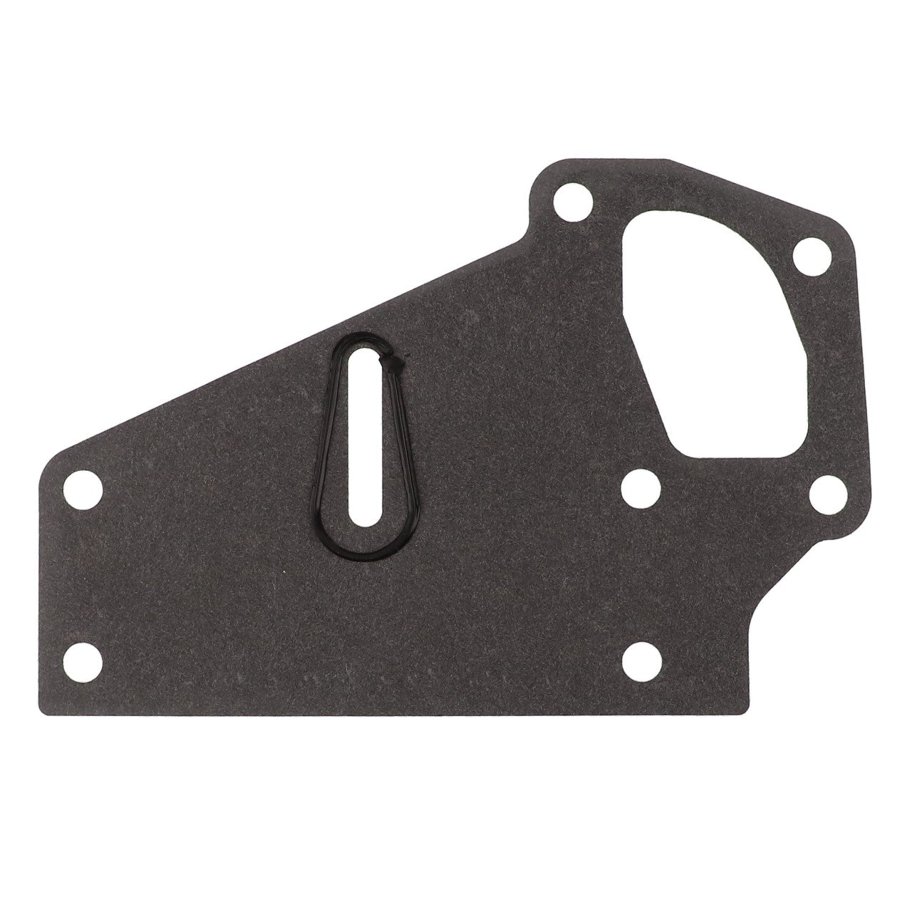 AGCO | Gasket - V836338526: A grey gasket featuring multiple holes and a triangular cutout on the side, ideal for machinery or automotive applications.